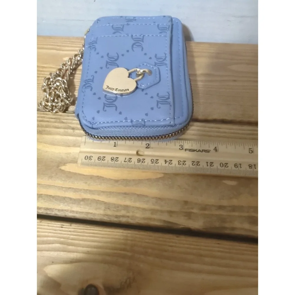 Juicy Couture Blue Pebbled Zip Wallet Heart Coin Purse Gold Chain Logo Charm